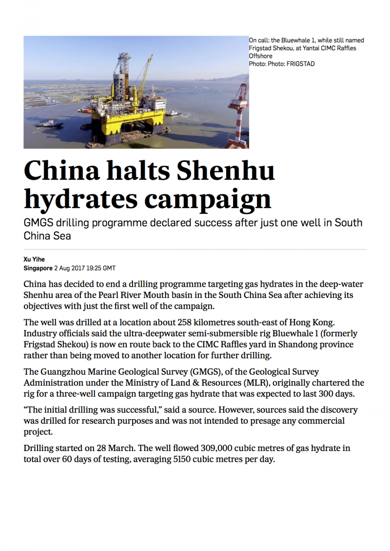 China halts Shenhu hydrates campaign Upstream