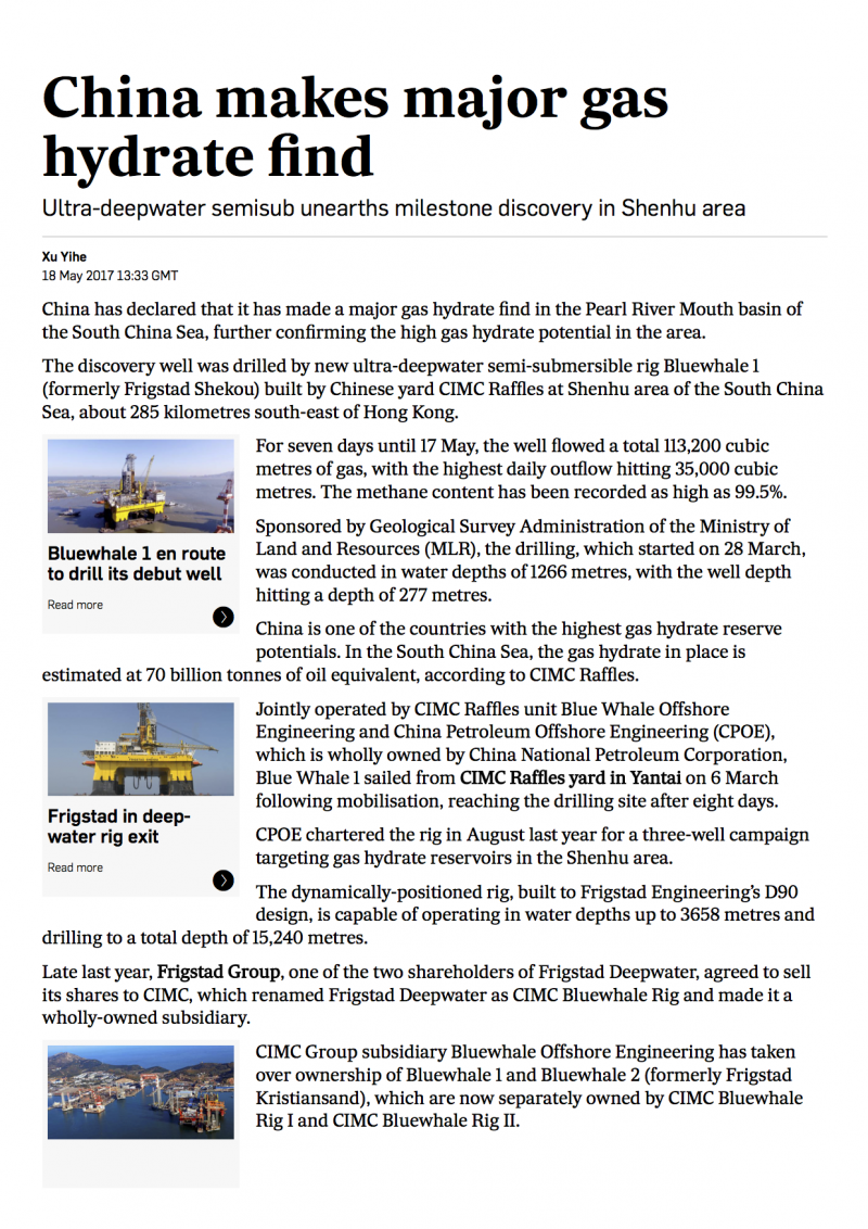 China makes major gas hydrate find Upstream Online 18 May 2018